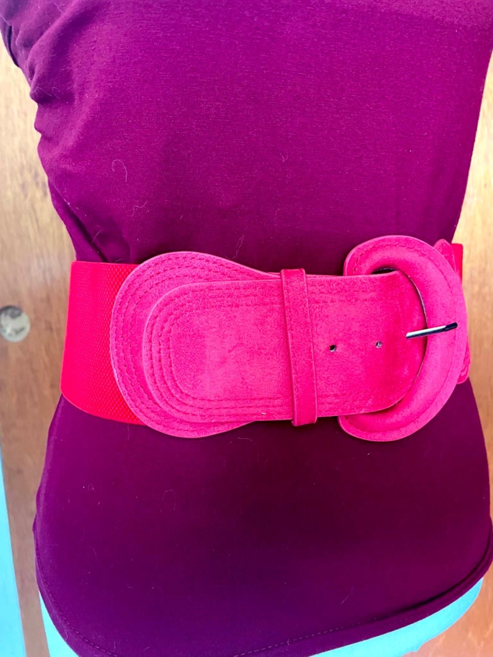 Pink Suede Oversized Chunky Wide Buckle Belt Red Stretch Waist Retro